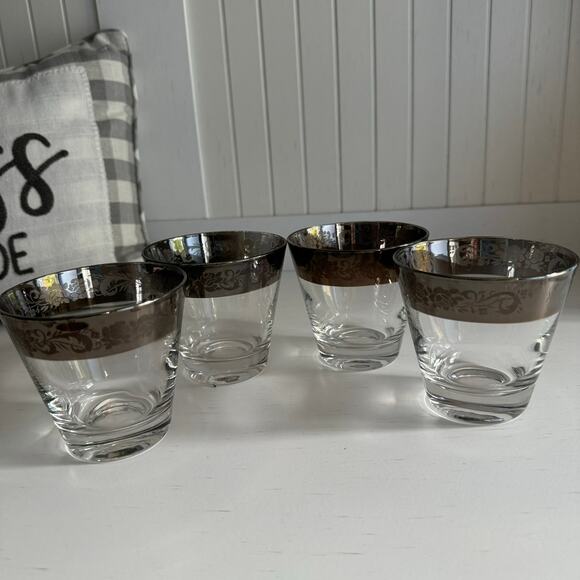 SET of 4 Vintage Queens Lusterware Silver Rimmed Glasses Barware Drinkware MCM - Picture 1 of 12